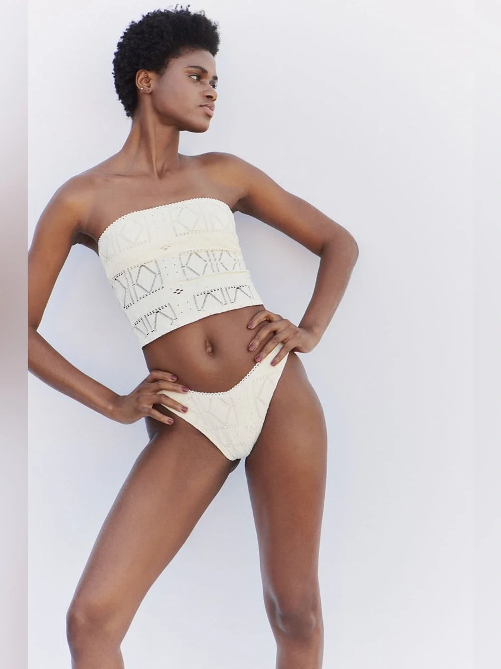 Frankie’s Bikinis Patchwork Enzo Cheeky Bikini Bottom and Top Set in Angel Dust